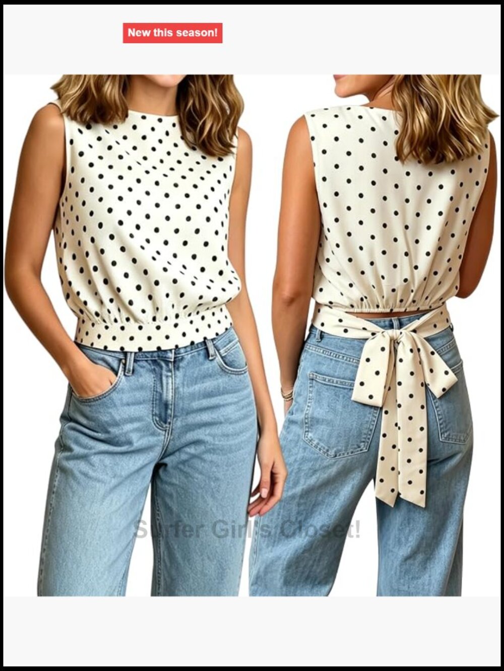 Y2K Polka Dot Tank Top Sleeveless Boat Neck Tie Back Bow Crop Vest